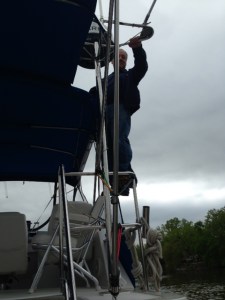 Dave standing on the rail as we approach a low bridge to make sure we can fit!