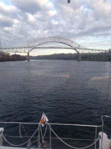 Approaching the Sagamore Bridge on the Cape Cod Canal early on calm morning