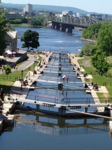 The eight historic flight locks in downtown Ottawa built in 1832 which mark the beginning of the Rideau Canal and our trip south to Lake Ontario