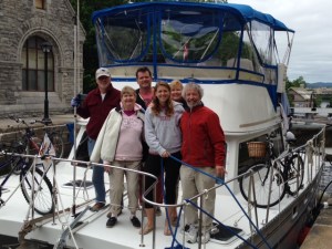 The crew for the trip from Montreal to Ottawa waiting for the last lock to open as we enter Ottawa - from left to right, Tom, Mary M, Ted, Kathleen, Mary R, and Jim K