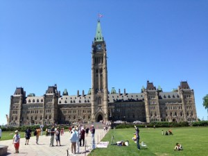 The magnificent Parliament Building high on the hill overlooking the Ottawa River in downtown Ottawa 