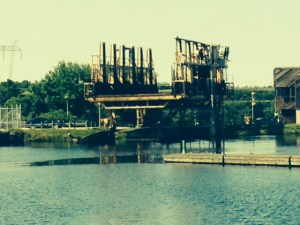 This is the carriage that holds the boats. It is mounted on a unique track system and is moved back and forth along the tracks by steel cables. The tracks take the carriage into the water and partially submerges it so boats can drive into the carriage
