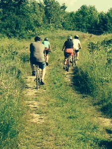 Exploring a dirt road on our three hour bike ride around Bolsover