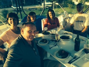 Dinner on the bridge - making good use of the table with the extension that my Dad built over the winter so we can have a sit-down dinner for six on the bridge