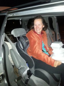 One of the 4 seats had a car seat firmly attached. No problem for Pat - we're goin' out!