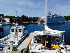 The cruise ship docked at the Little Current waterfront, also taken from the bridge of the Joint Adventure