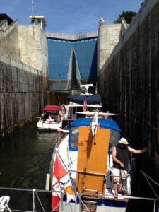Squeezing into locks 11&12 at Ramsey Falls with three other boats - a combined rise of about 50 feet