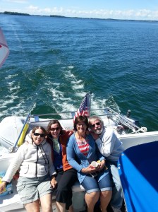 I hope SOMEBODY is driving this boat! From left to right - Trish, Pat, Janet, Jim