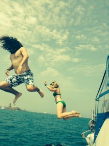 Danny & Leah practicing their dives for the Olympics - I think his head is somewhere under that hair....