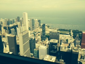 View from the top of the Sears Tower, looking toward Lake Michigan and the harbor. The Joint Adventure is docked in the marina that you can see to the left of the boats that are at moorings