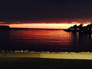 A late evening sunset over Ludington Harbor and Lake Michigan 