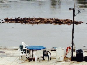 Debris passing by the barge at Hoppies