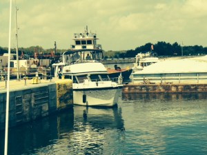 Another boat followed us through the maze into the lock - he scrapped the wall as he tried to pass through between the wall and the corner of the barge, on his port (left) side. Despite our wide beam, we were more fortunate and slipped through unscathed