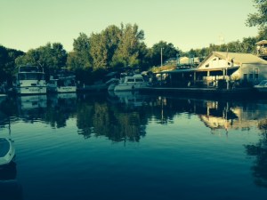 The Joint Adventure tied to the dock next to the floating buildings. Four other "loopers" were at the marina with us as well, some to the left of us in the picture