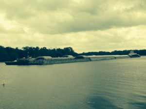 A large tow heading down the Illinois River - this is just one quarter of the size of the larger tows we have yet to meet