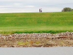 In order to control flooding, the Army Corp of Engineers has constructed massive levies along both banks of the Mississippi. The people walking on top of the levee provide some scale as to the height of the levees. One negative aspect of the levees is that it completely cuts off the river visually from the surrounding landscape, whether you're on the land looking towards the river or you're on the river looking towards the land