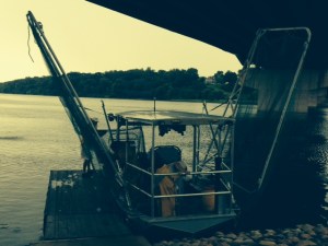 The custom-built experimental Asian Carp "fishing boat". The "wings" are the nets in an upright position - they are lowered on each side when the boat is underway