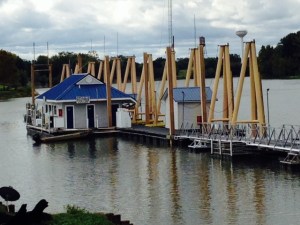 This is the fuel dock at Demopolis Marina. Given its strategic lacation at the start of the Black Warrior- Tombigbee Waterway, the marina provides fuel to the tug boats that push the barges up and down the river. The tugs rest against the tall yellow steel posts when fueling