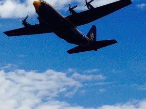 This is the Blue Angels supply plane known as "Fat Albert" that accompanies them on all of their trips throughout the country bringing thev support crew, spare parts, etc.  I believe it is a C-10 Transport, the type that carries tanks into war zones - does anyone know for sure?