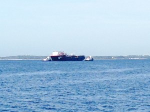 We have not yet gone aground on this trip, but it can happen in a flash - this large freighter is agound in the bay off Panama City. Two tugs are attempting to free it