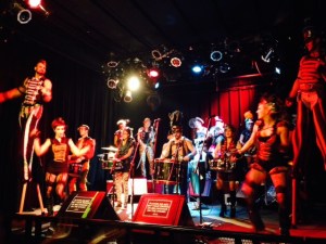 These two guys on enormous stilts danced better on the stilts than most people I've seen dance with their feet on the ground.  After the obligatory encore, everyone thought they were done - instead, they came from backstage, instruments in hand, and sang, played, and danced (including the two guys on stilts) with and among the audience