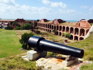 The fort has six sides, and the enormity can be somewhat gauged in this picture that shows about half of one side. Sixteen million bricks had been used by the time construction was halted. Bricks were shipped to the fort from Pensacola until the outbreak of the Civil War, after which, believe it or not, they were shipped from Maine.  The cannon in the foreground weighs 50,000 pounds!