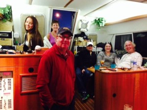 After visiting the Pearl, we congregated later in the afternoon for Happy Hour aboard the Joint Adventure - Paul's brother Steve and his lovely bride Sue came down from Tampa to be with us as well.  Left to right: Carly, Gayleen, Steve Coates, Bob, Audrey, Bruce