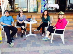 Letting the ice cream settle while we enjoy the scenery and the people-watching.  From left to right:  Bob, Audrey, & Carly Hall, Trish K.