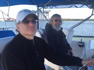 Our own little "megayacht" Bob Hall driving the Joint Adventure, which seemed big until we saw it next to al these real megayachts.  However, when docking in a tight slip with a current and a crosswind - the Joint Adventure still seems mighty big....