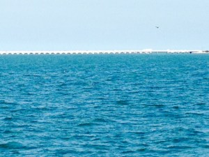 The original concrete arch railroad bridge. The new highway bridge can be seen adjacent to the old railroad bridge.