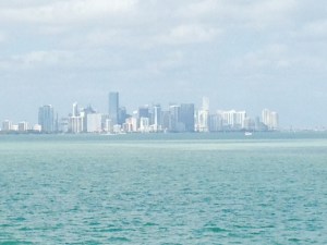 The City of Miami skyline, approaching from the south in Biscayne Bay -
