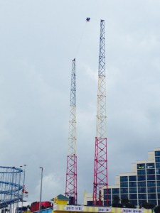 There is an amusement park overlooking a portion of the beach, and this is one of the "rides" - the small dot above the two towers is several people in a seat, which it flung from the ground into the air, after which it bounces up and down for awhile from the two bungee-like cords that hold it, while the seat rotates wildly, rolling over, upside down, back and fort several times. I would not survive.
