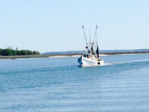 A shrimper on its way in port -