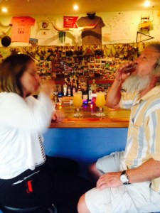 Despite the lack of people, the managers of the island cooked up a great meal for us in the restaurant.  Before dinner, we had a drink at the bar. We've been married for 35 years, and I can't remember Trish having a shot of anything during that period. However, she got into the spirit of the Bahamas that evening...