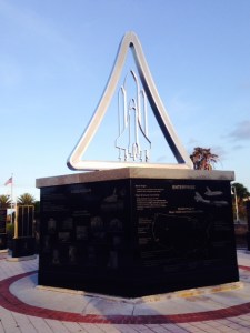 The second treat in Titusville was its ties to the space program and the statues, plaques, and space museum in Titusville. This is a sculpture honoring the space shuttle program, and there are others honoring the Gemini program.  Cape Canaveral is across the Indian River from Titusville, so the town is closely linked with NASA.