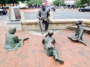 This statue is located at the waterfront of Annapolis Harbor - the plaque reads: "To commemorate the arrival in this harbor of Kunta Kinte, immortalized by Alex Haley in ROOTS and all others who came to these shores in bondage and who by their toil, character, and ceaseless struggle for freedom have helped to make these United States."