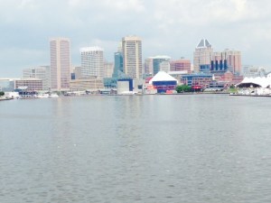 The Baltimore skyline as seen from the water, entering Baltimore Inner Harbor