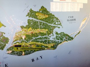 This map of Tangier Island is painted on the wall of the museum on the island. It shows that the island consists of three separate ridges, separated by salt water marshes. The ridges are connected by paved pathways and wooden bridges.