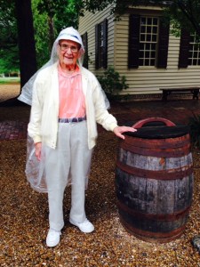 My Dad at Williamsburg in his "raingear" - a plastic poncho that he has saved from our trip from Key West to the Dry Tortugas four months earlier -