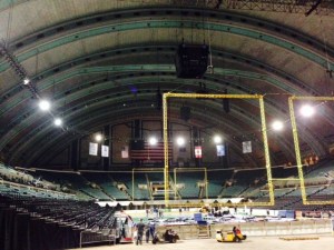 The cavernous inside of the building
