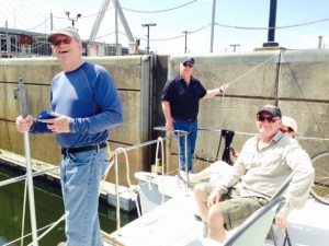 Our 144th lock!  Entering the Charles River! Note Bill Burke expertly managing the lines, a skill which earned him the (self-proclaimed) title of Mariner of the Year.