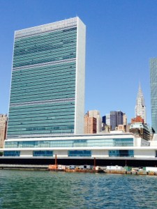The United Nations, as seen from the bridge of the Joint Adventure on the East River